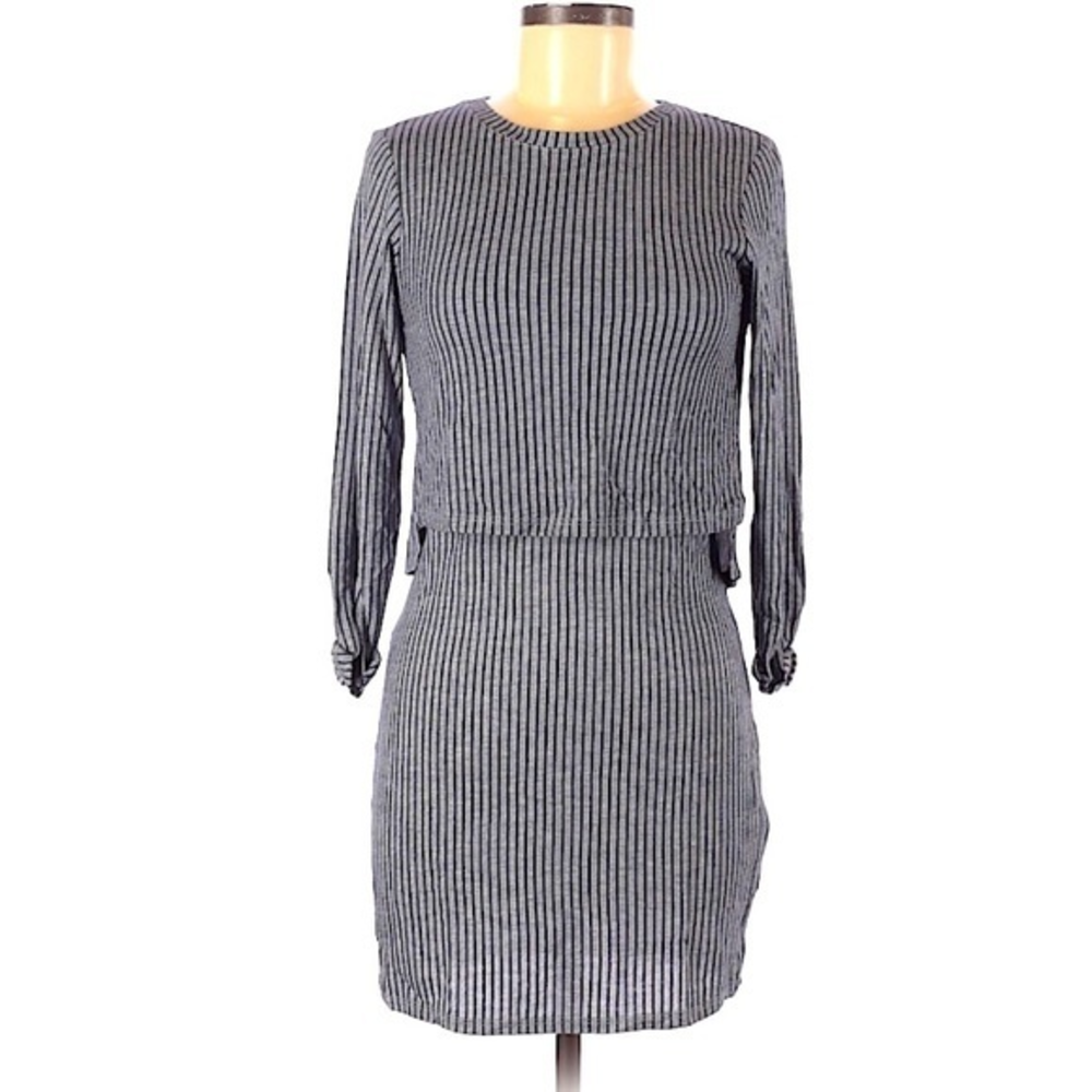 Topshop‎ 2 grey stripe layered look open back crew neck long sleeve retro dress